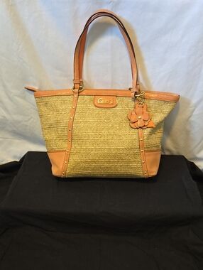 Coach Straw Tote with Tan Leather Trim and Flower Charm